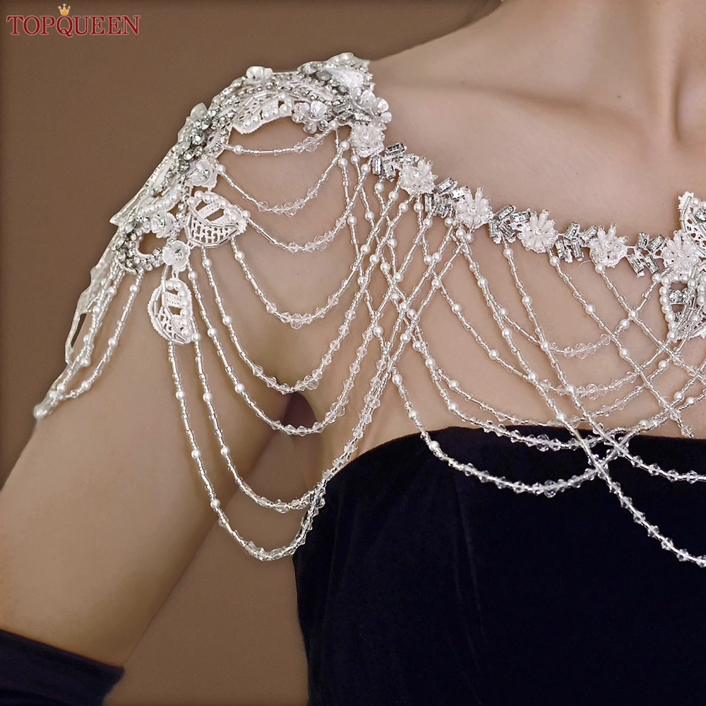 TOPQUEEN Handmade Crystal Beaded Bridal Shawl Wedding Choker Neck Shawl  Diamond Chain Wraps Vintage Wedding Cape SG13