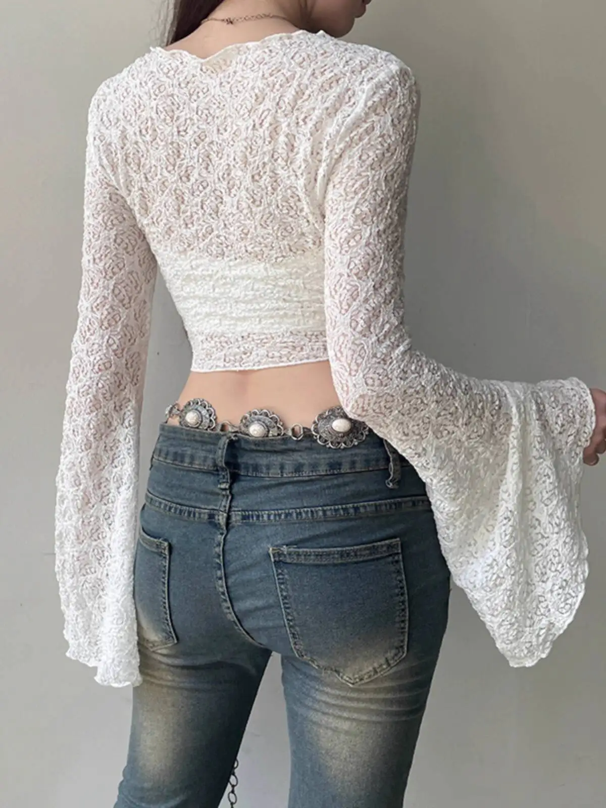 Women Crop Top 2025 Women's Elegant Versatile Jacket White Flared Long Sleeve Tie Waist Lightweight Layering Sun Protection Top