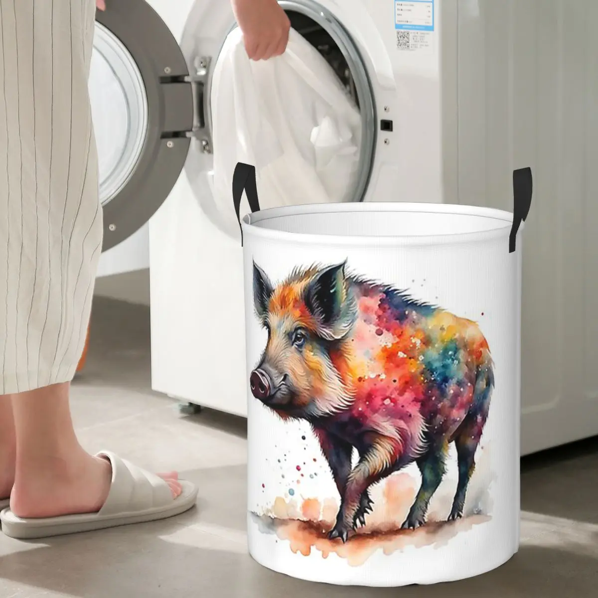 

Colorful Watercolor Wild Boar Pig Folding Laundry Baskets Dirty Clothes Toys Storage Basket Large Waterproof Hamper
