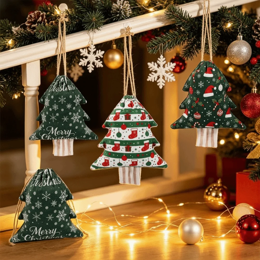 Flannel Christmas Gift Bags Tree Shape Drawstring Design Drawstring Storage Bags Pendant Decoration Storage Function