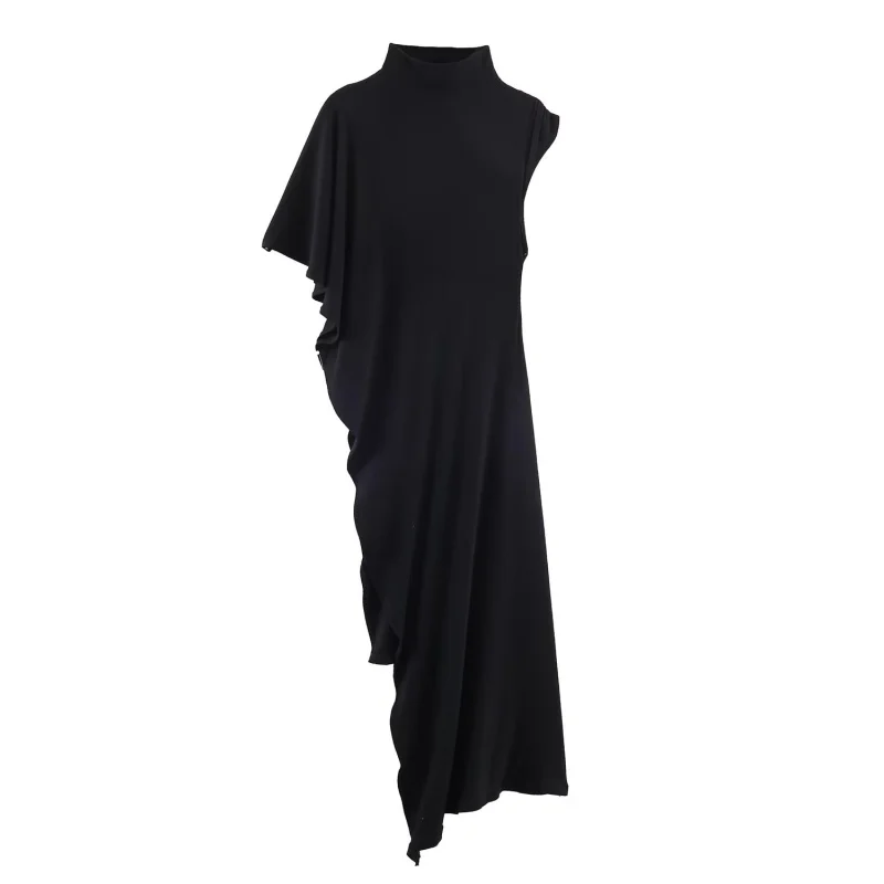 2026 New Women's Black Maxi Dress - Sleeveless High Neck Asymmetric Ruched Dress, Elegant Slim Fit Long Tunic Top