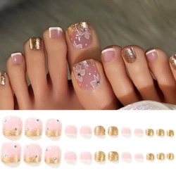 24/100/120Pcs Press On Toe Nails for Women French Tip Fake Toenail with Gold Glitter Rhinestone Design Full Cover False Toenails
