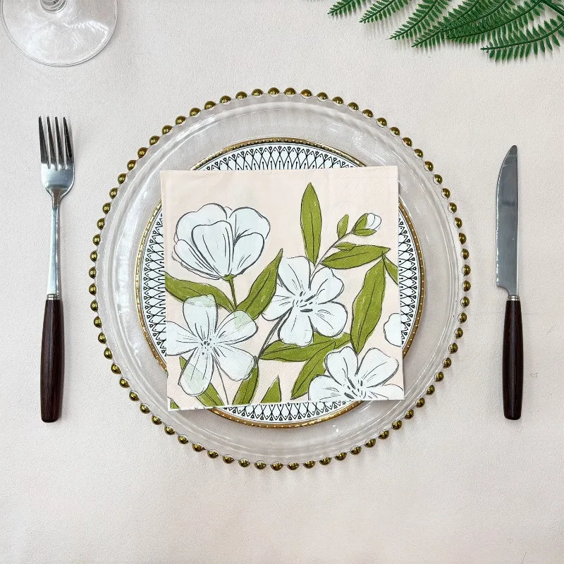 10/20pcs 33*33cm 2Ply Hand-painted White Flowers, Colored Napkins, Wine Glasses, Party Atmosphere Decoration DIY Decoupage Paper