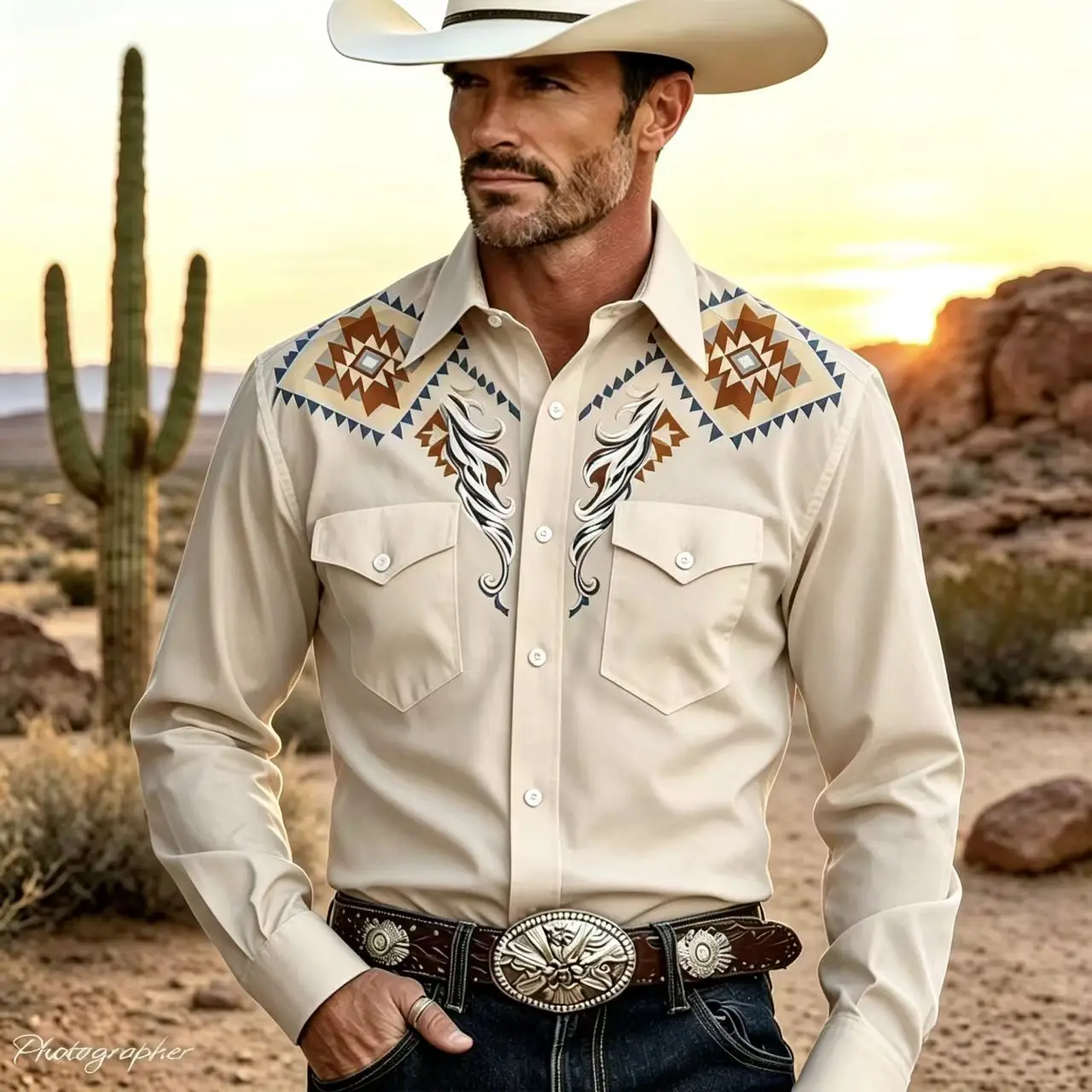 2026 New Men's Long Sleeved Shirt, 3D Printed Shirt, Western Denim Style, Double Pockets, Plus Size, Outdoor Casual Top