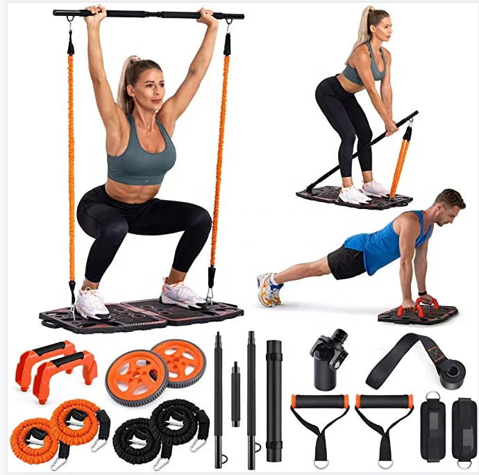 Portable Home Gym Workout Equipment for Body Workouts System Roller Wheel Elastic Resistance Bands Push-up Stand