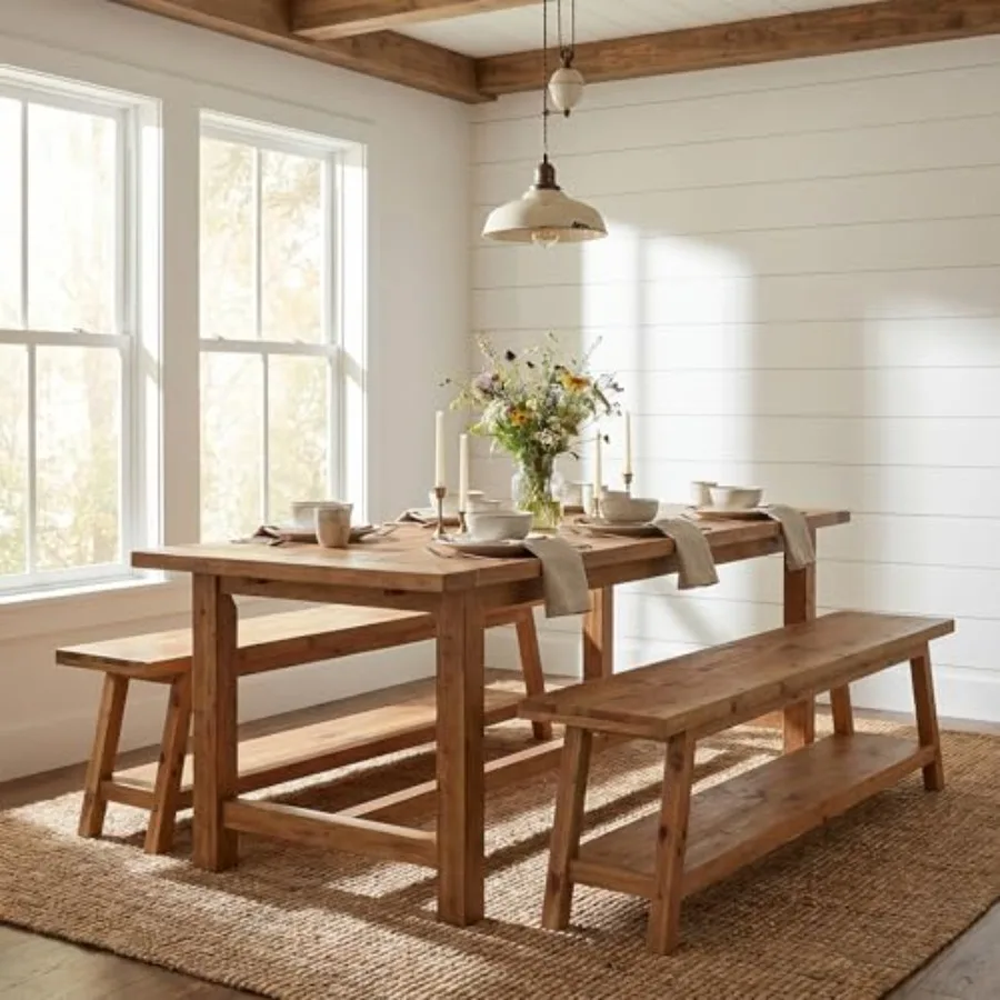 Set of 2 Extra-Long 63 Inch Rustic Farmhouse Wood Dining Bench with Open Storage Shelf, Solid Wood Backless Kitchen Bench for D