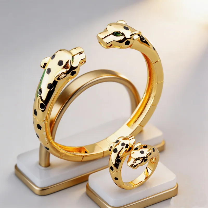 Classical Fashion Style Ring Bangle Bracelet Inlaid Cubic Zircon Green Eyes Black Patches Double Leopard Party Jewelry Sets