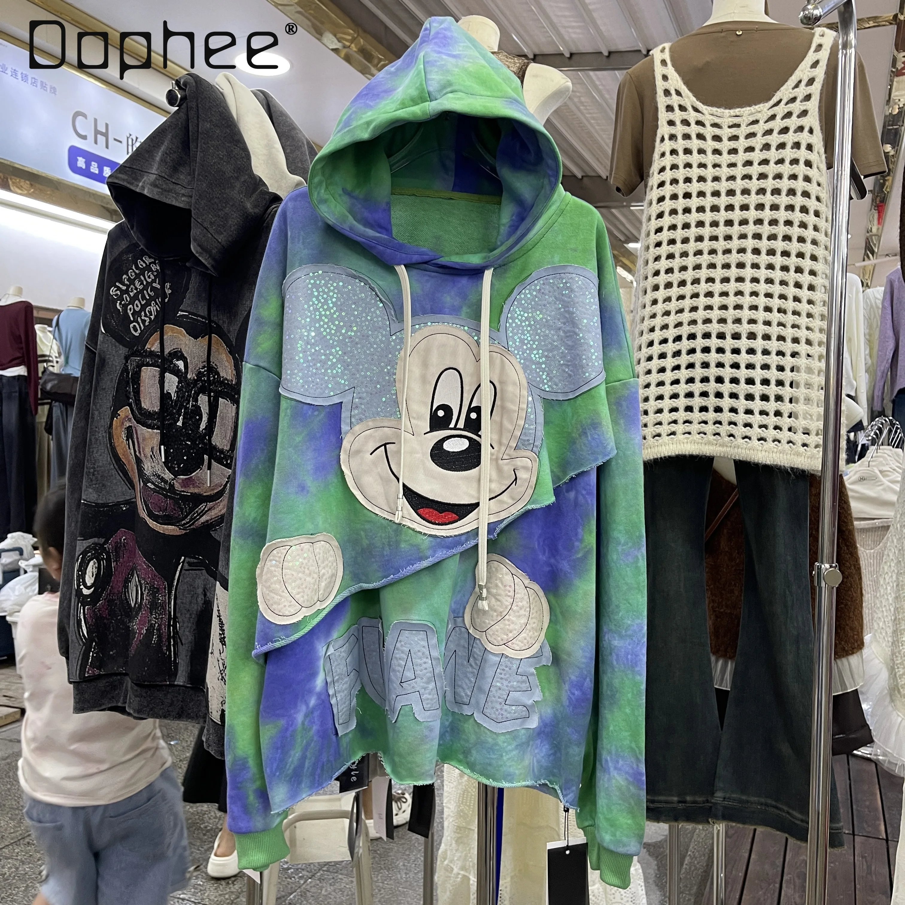 European Style Large Version Cartoon Retro Distressed  2025 Autumn New Loose Mid-Length Patchwork Tie-Dye Anime Hoodie