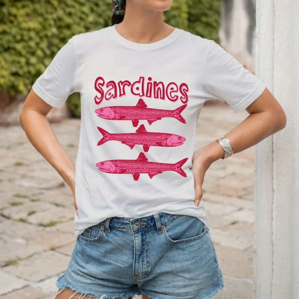 

Футболка в стиле фанк с рыбой, футболка с рисунком Sardines Y2K, уличная одежда в стиле Харадзюку, женская хлопковая рубашка с круглым вырезом и коротким рукавом, выбор молодой девушки