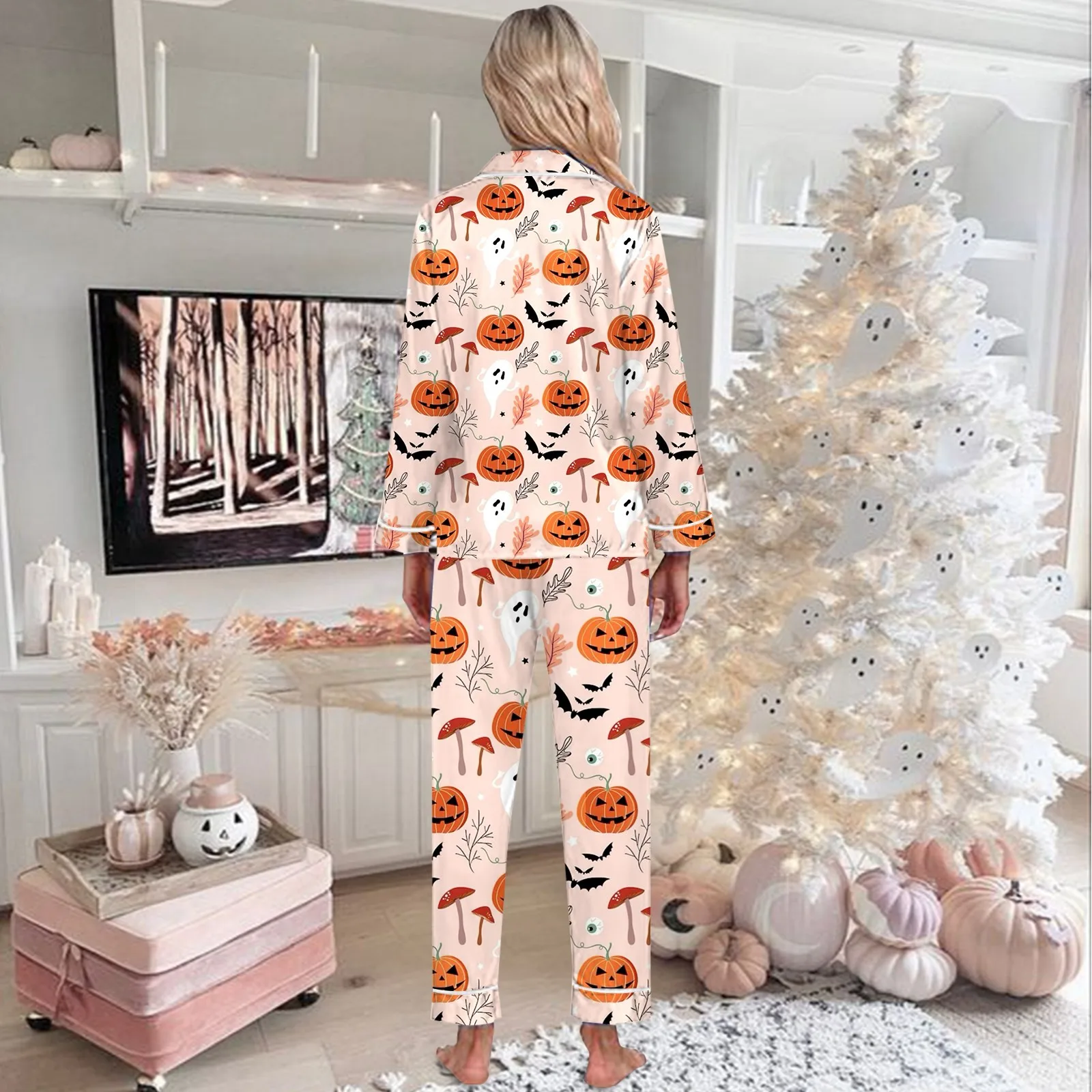 Women Halloween Satin Pajama Set Ghost Pumpkin Print Long Sleeve Button Closure Top with Pants 2 Pieces Sleepwear Loungewear