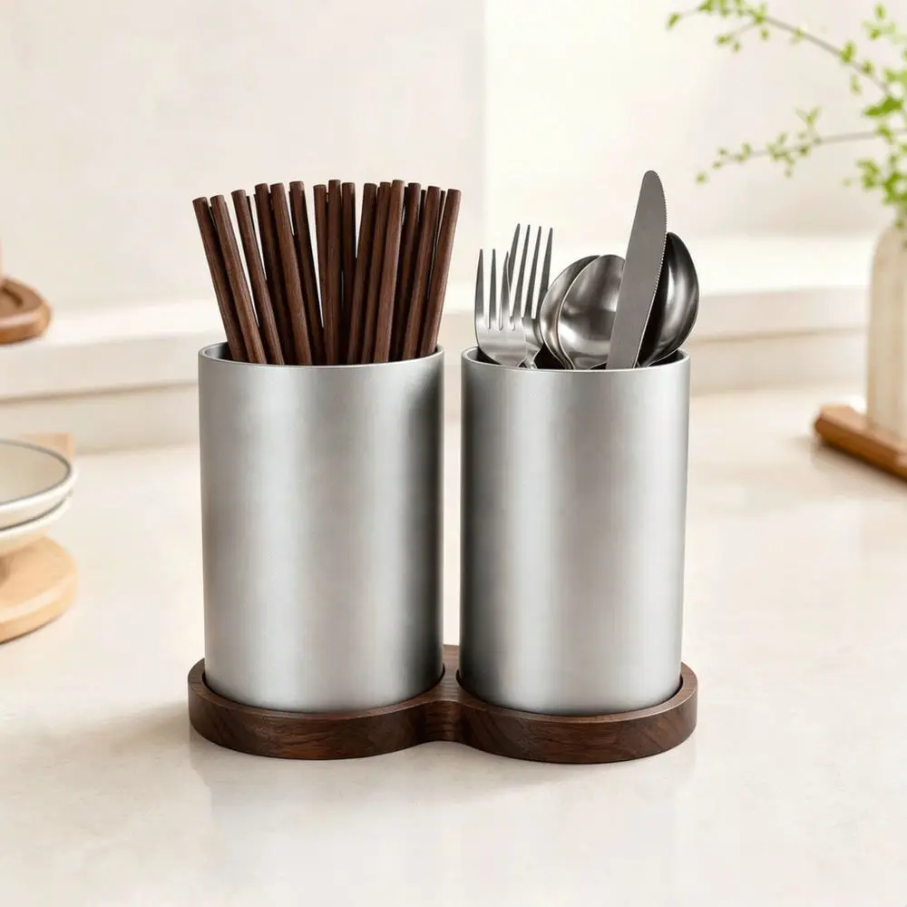 Minimalist Kitchen Organizer Rack Ebony Wood Space Aluminum Holder For Chopsticks Spoon Fork Drainer Case