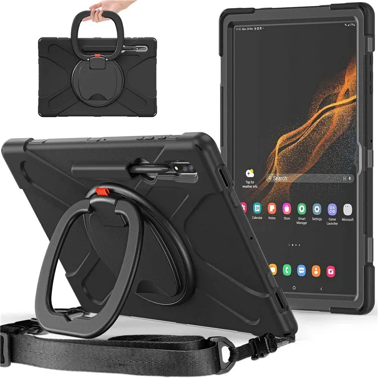 

For Samsung Galaxy Tab S8 Ultra X900 / X906 / S9 Ultra X910 Rotary Kickstand PC + Silicone Tablet Case with Shoulder Strap - Bla