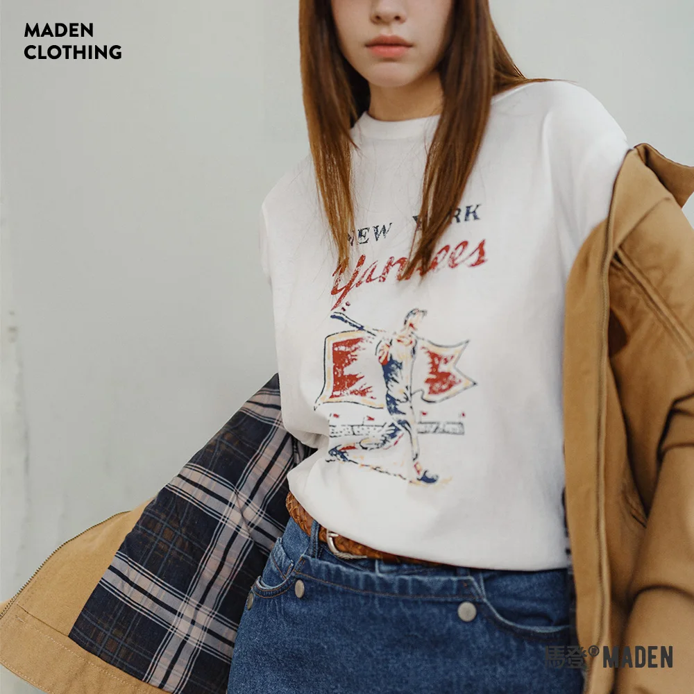 

Maden Retro Baseball Letters Printed T-shirts for Women Cotton O-Neck Tees Summer Soft Breathable T-shirt Loose Plus Size XL XXL