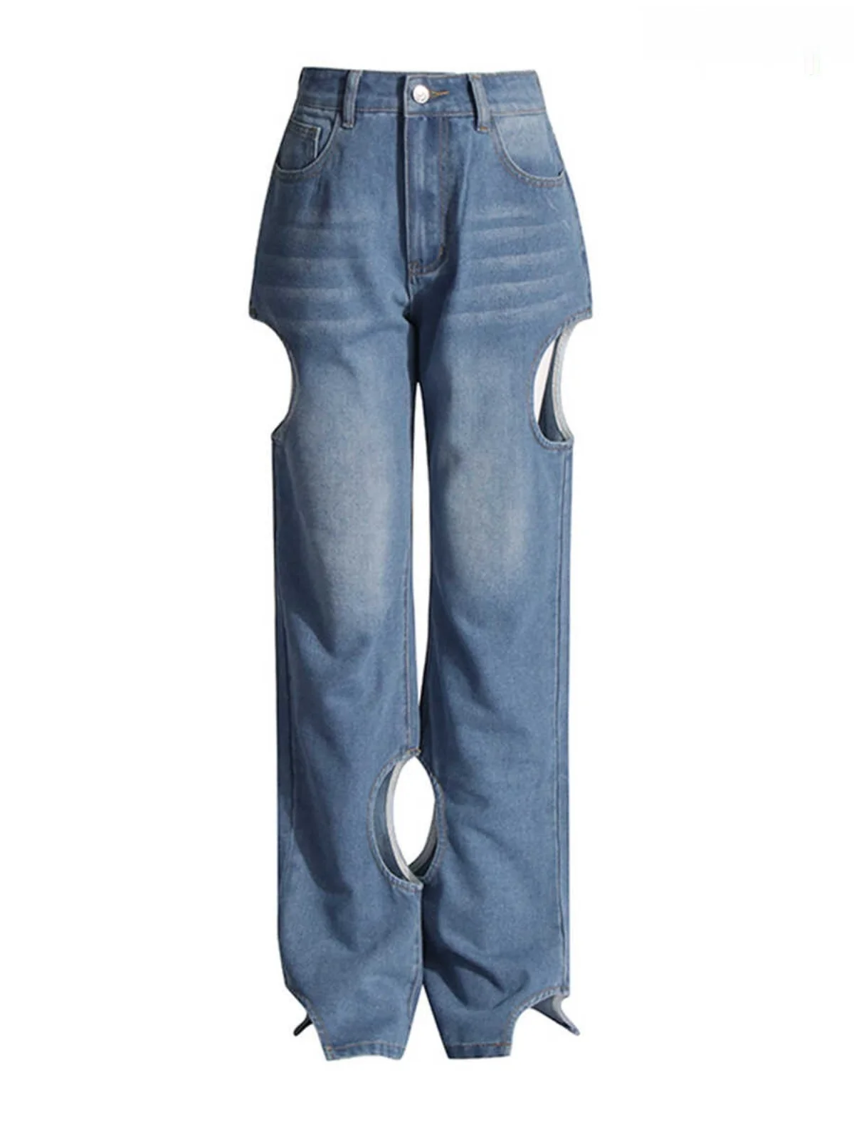 

Autumn New Style Hollow out Detail Personality Workwear Design High Waist Slimming Straight Leg Jeans Women's Fashion Denim