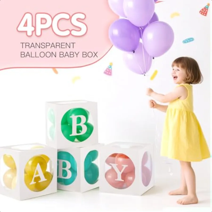 กล่องใส่ของขวัญสำหรับงานเลี้ยงฉลองทารกแรกเกิด พร้อมตัวอักษร กล่องใส่ลูกโป่งแบบใส 4 ชิ้น ของตกแต่งงานเลี้ยงฉลองทารกแรกเกิดแบบใส กล่องบล็อกสำหรับงานเปิดเผยเพศลูก
