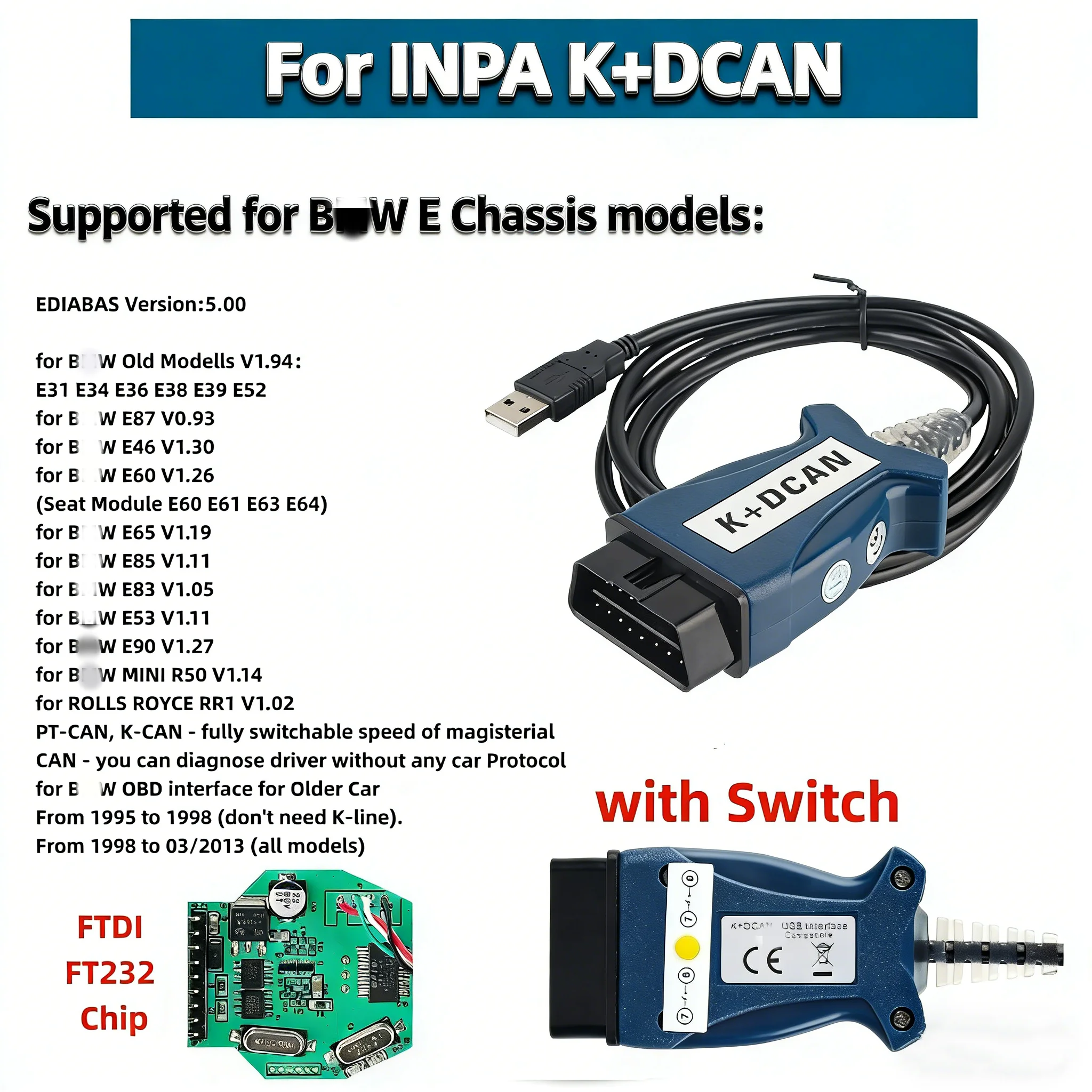 For INPA K DCAN FTDI USB OBDII Diagnostic Interface For B_MW Series E60 K+CAN K-Line OBD2 Car Diagnostic Tool