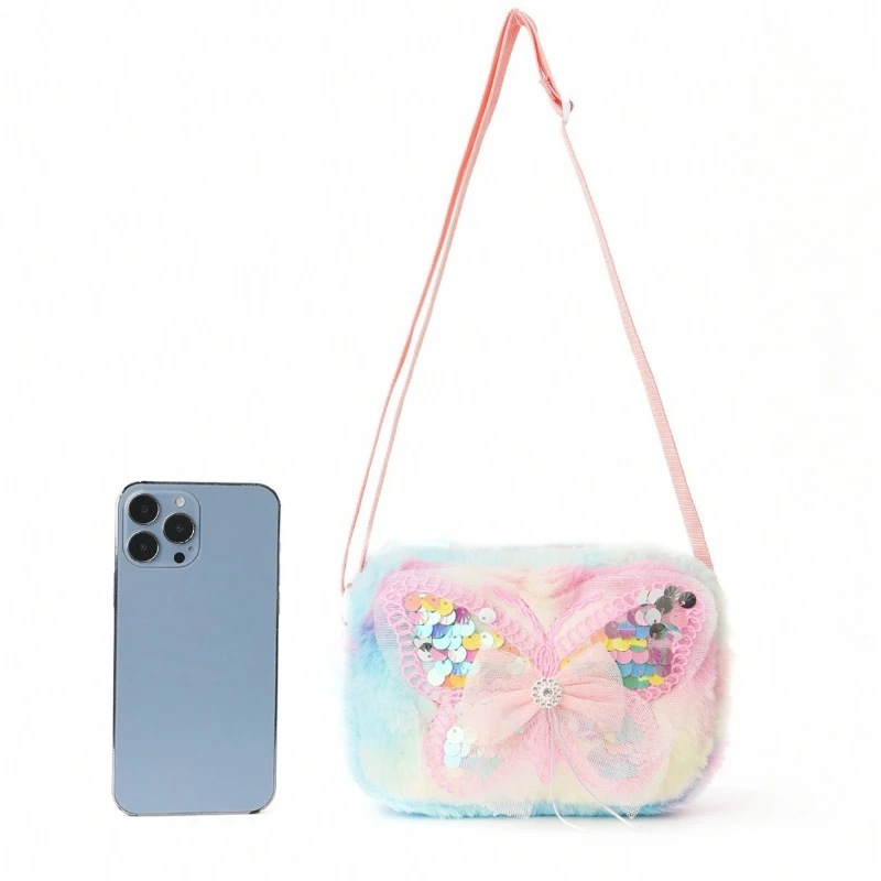 Sacs à bandoulière papillon rose pour fille, sacs de dessin animé pour femme, petit sac carré en peluche pour mère et enfants