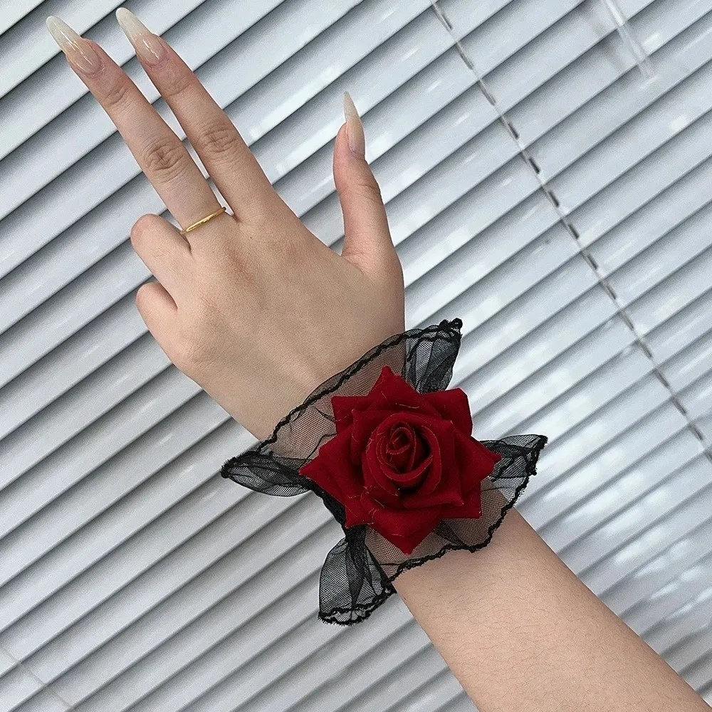New Red Rose Lace Wristbands Lolita Elastic Band Gothic Cosplay Bracelets Ruffled Black Flower Wrist Cuffs For Women