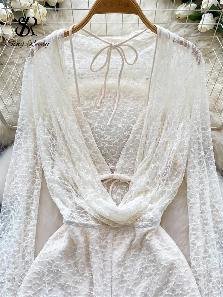 Trajes Sensuales de Encaje Transparente con Cuello Halter y Cordones, Lencería, Monos, Bodys Sexys de Verano para Mujer