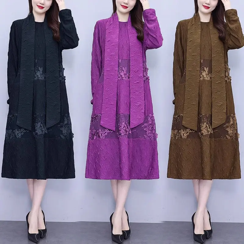 Large Size Women's Ethic Style Dress 2023 Autumn/Winter Noble Literary Retro Embroidery Mid Length Female Dress Vestidos Z3056