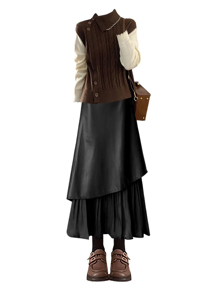 Retro Knitted High Waist Leather f Skirt Women's Winter Set Luxury Feel Casual Sle Long Sve Flip Collar Autumn Winter...