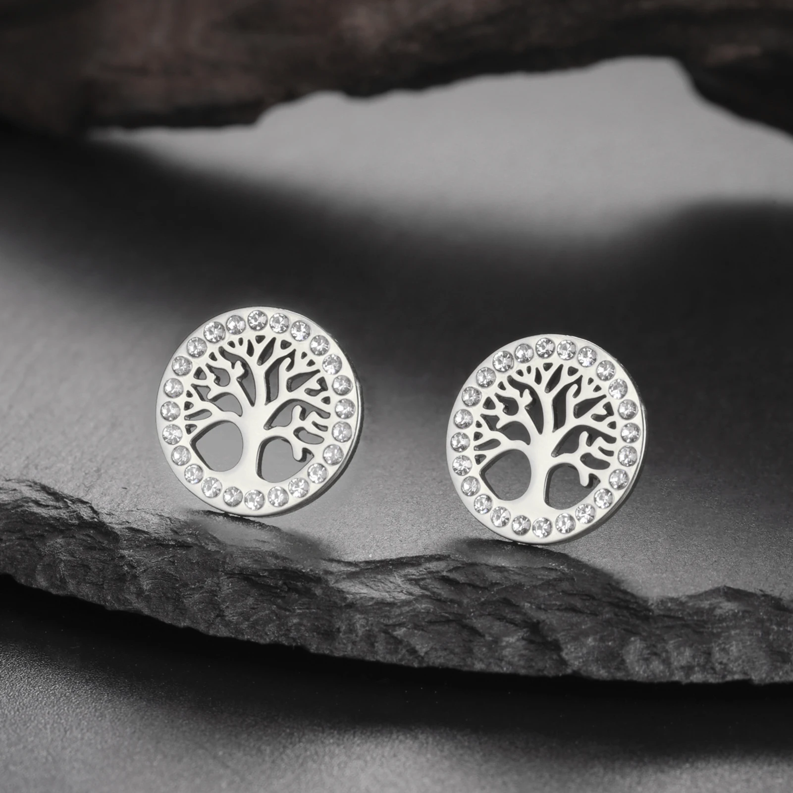 Teamer Delicate Tree of Life Clear Zircon Stud Earrings for Women Stainless Steel Round Earrings Birthday Anniversary Jewelry