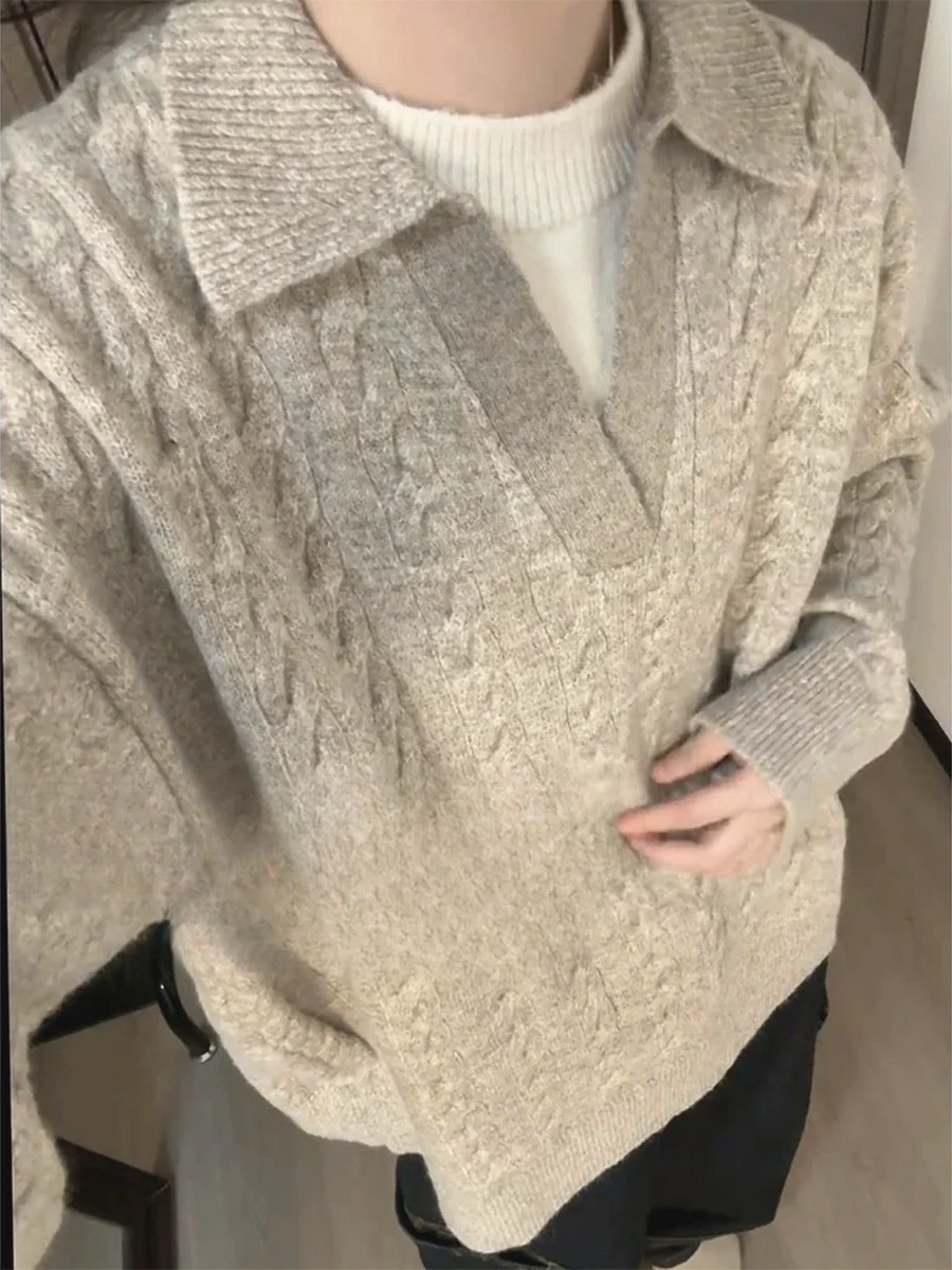 

Вязаный свитер в американском стиле, мужской ленивый зимний базовый слой с искусственным V-образным вырезом, верхняя одежда в стиле ретро, комплект из двух предметов из искусственного меха