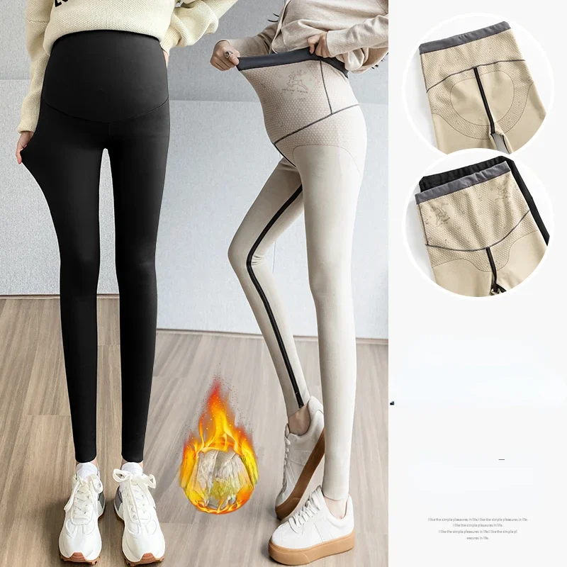 

Winter Thick Warm Maternity Trousers High Waist Pregnancy Shark Skin Legging Stretched Skinny Pregnant Woman Fleece Pencil Pants