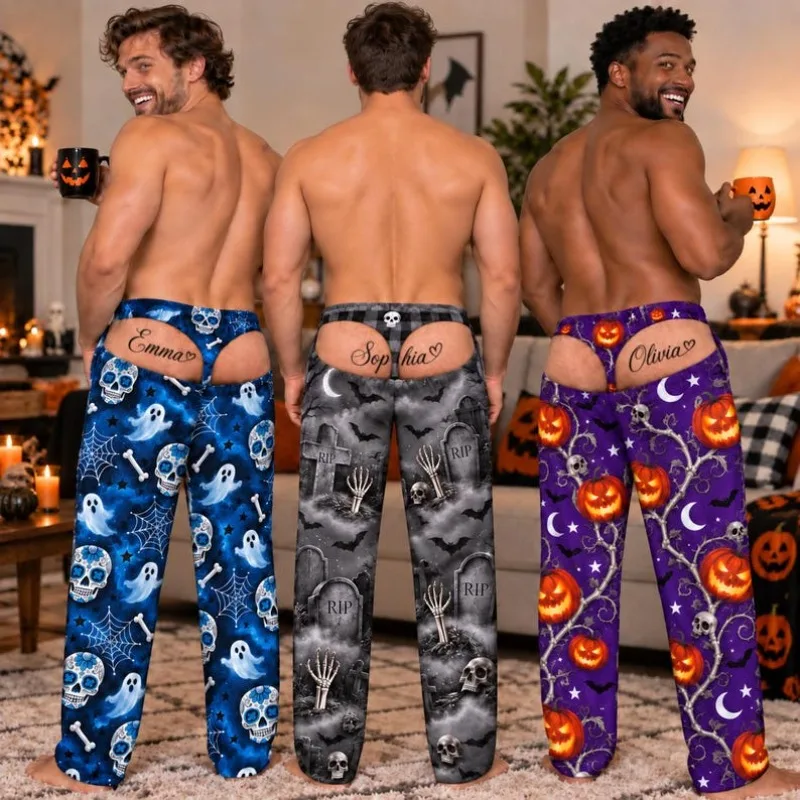 Halloween Funny, Revealing, Printed Sleepwear, Skeleton Pumpkin Tombstone, Men's Prank Party, Home Pants