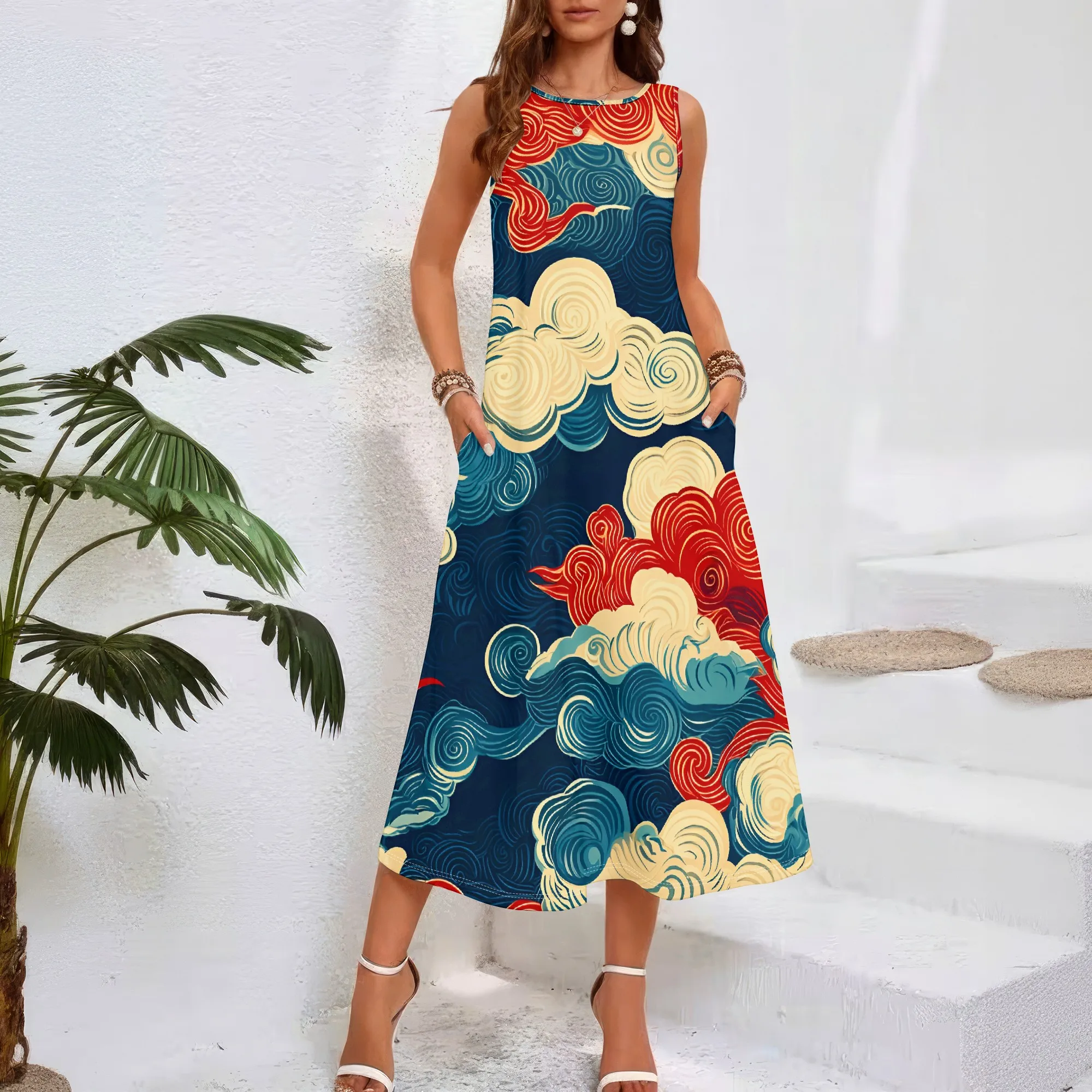 

Women casual loose round neck summer 3D geometric print black style sleeveless large swing dress (pocket)