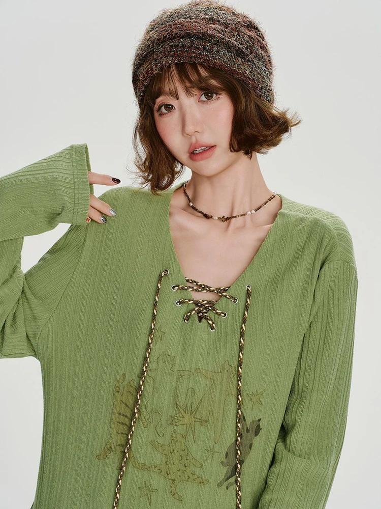 Harajuku Bandage T Shirt Women Vintage Streetwear Cartoon Print V Neck Tees Spring Long Sleeve Loose Casual Green Retro Tops New