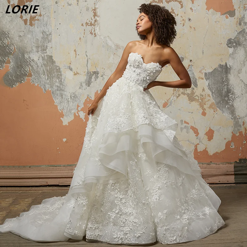 LORIE Classic Off Shoulder Lace Wedding Dresses Sweetheart Backless Bridal Gowns With Tiered Ruffles Appliques Skirt Bride Dress