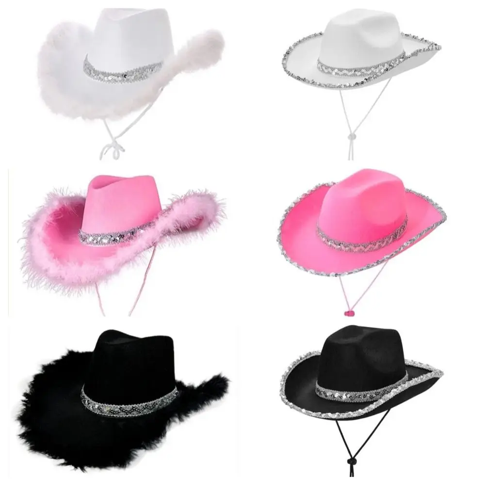 Fashion Solid Color Western Cowboy Hat Wide Brim Furry Trim Sequin Cowgirl Hat Ethnic Style Sunscreen Jazz Hat Travel 5