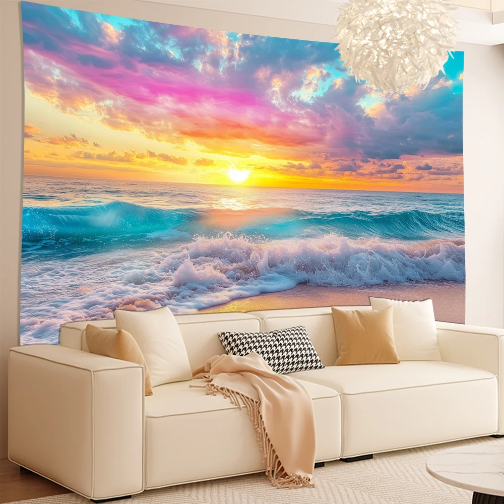 [1pc Polyester Tapestry] Polyester 1pc Colorful Sunset and Ocean Waves Tapestry | Universal Elegant Style Hanging Wall Decor for