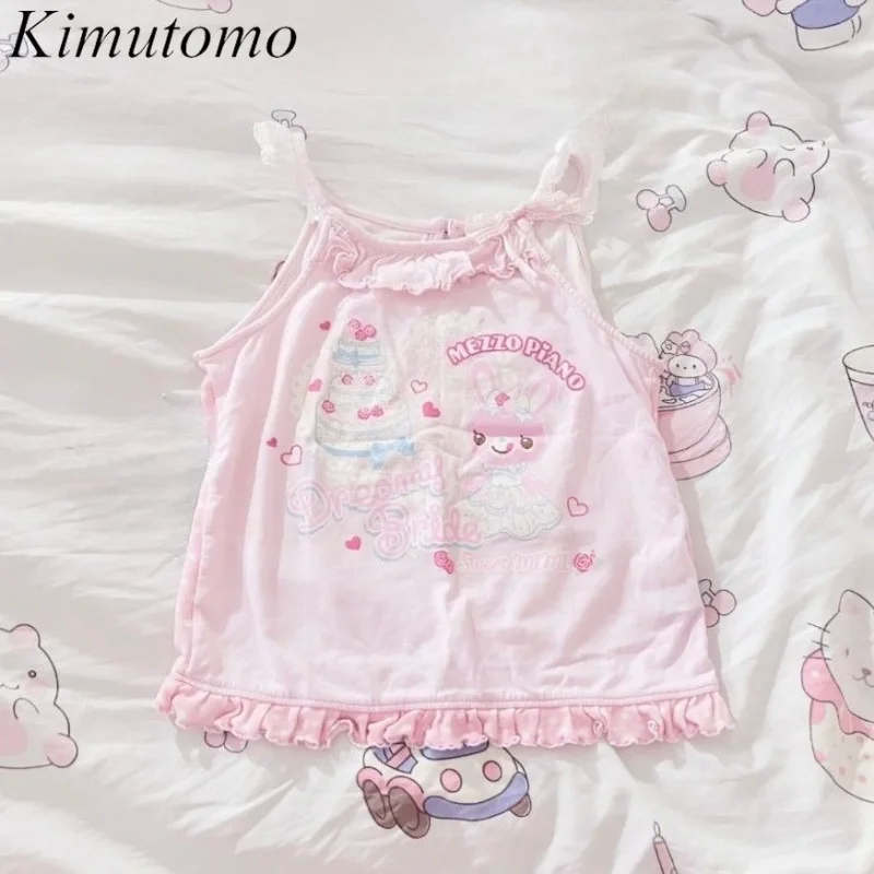 

Kimutomo 2025 New Y2k Summer Japanese Tank Top Cute Rabbit Cake Party Sweet Printed Slim Short Student Pink Camis Top Harajuku