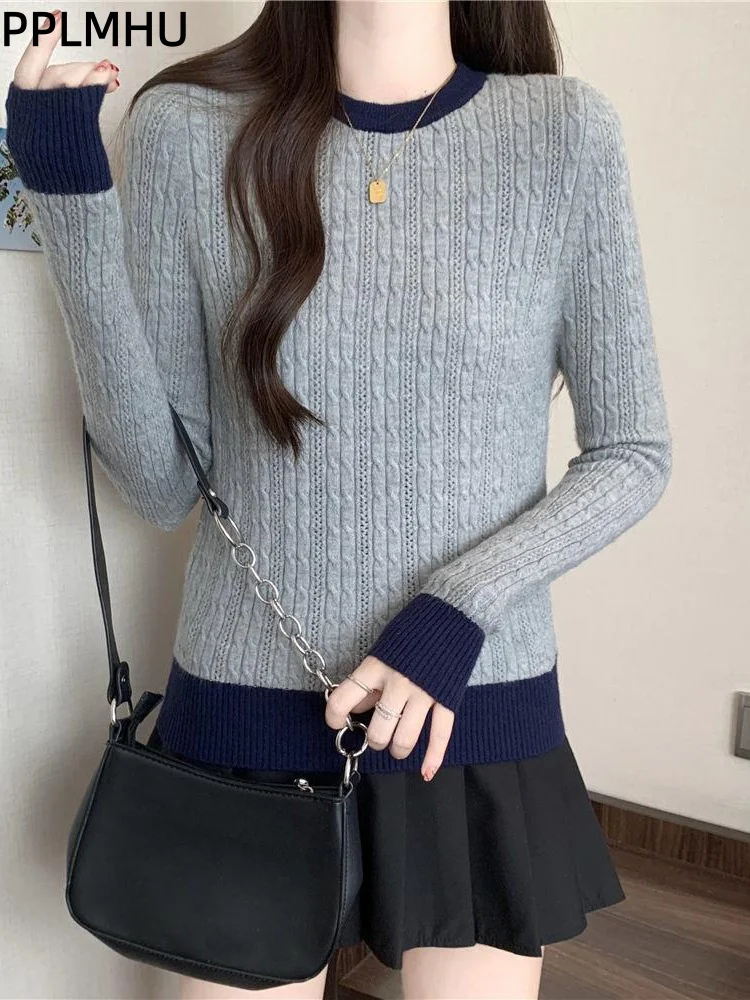 

Contrasting Color O-Neck Knitted Sweater Women's Casual Baggy Bottom Sueter Jumpers Fashion Patchwork Tops Knitwear Sueter