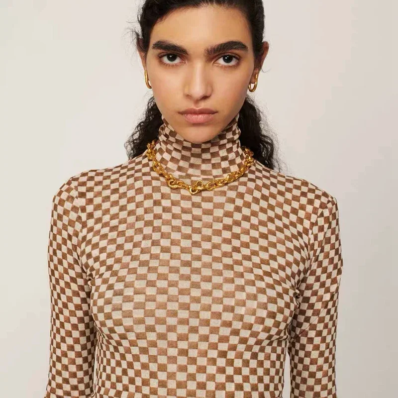 NA@ LUXURY Women\'s Undercoat Checker Print Autumn and Winter 2024 New High Neck Long Sleeve T-shirt