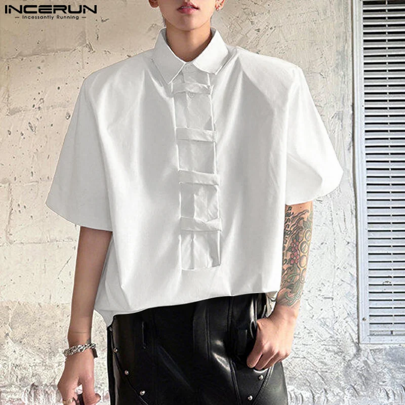 

INCERUN Men Shirt Solid Color Lapel Short Sleeve Button Korean Style Men Clothing Streetwear Summer 2025 Loose Fashion Male Tops