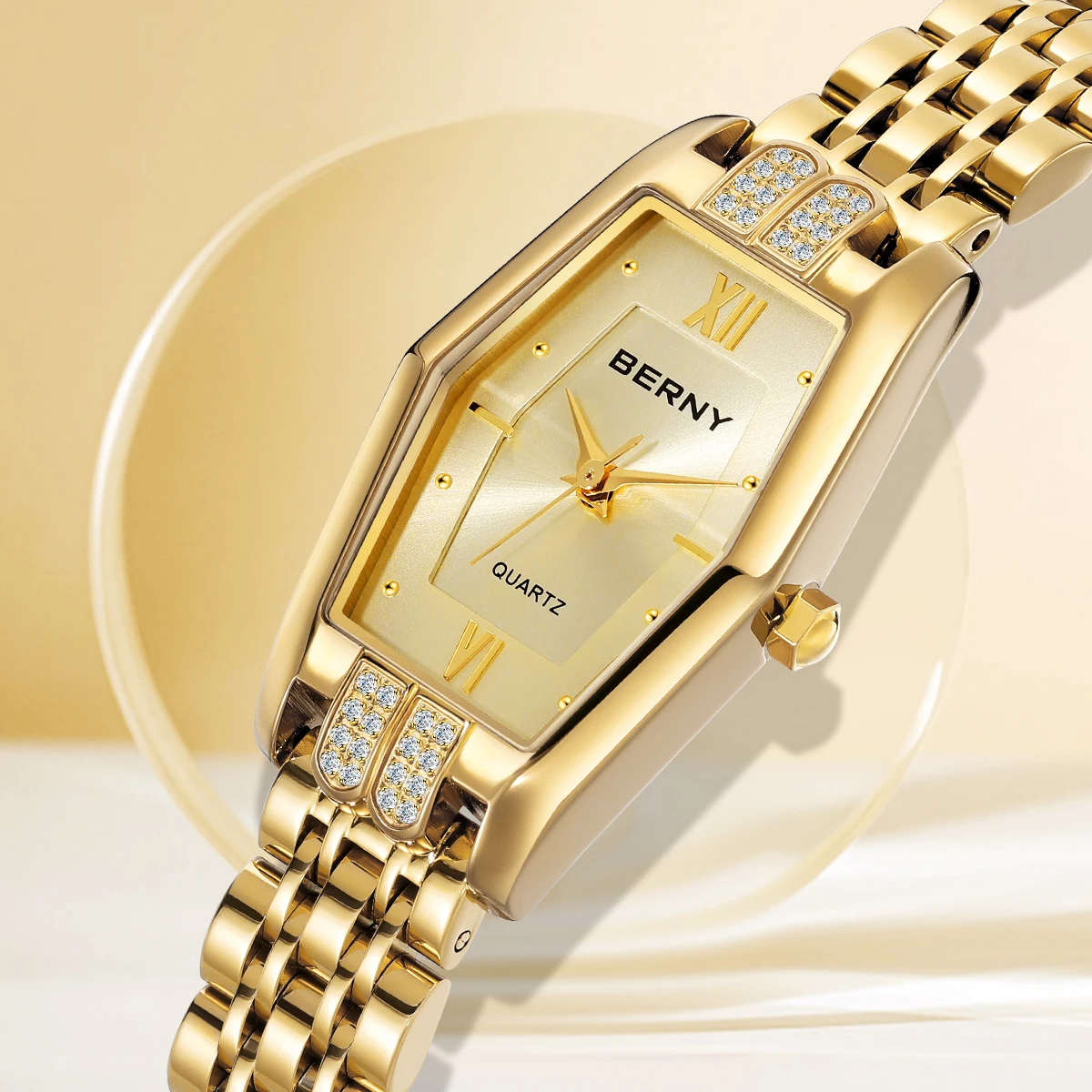 BERNY Women\'s Watches Gold Full Stainless Steel Luxury Diamond Dress Quartz Watch for Women Fashion Elegant Ladies Wristwatches