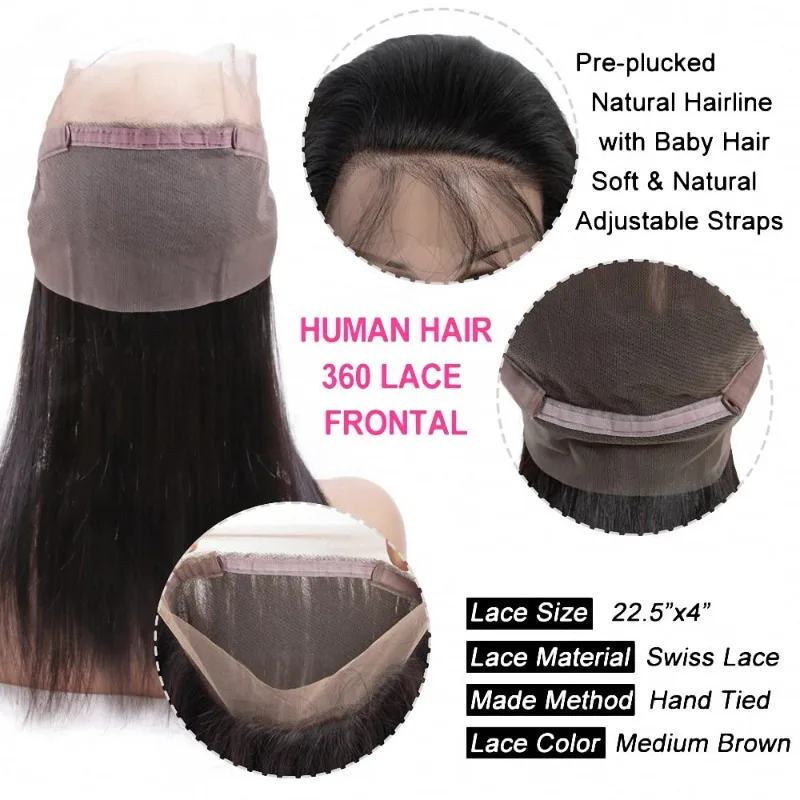 Premium 360 Chiusura frontale in pizzo da orecchio a orecchio Invisibile pizzo svizzero Capelli per bambini Capelli umani vergini brasiliani Densità 150%