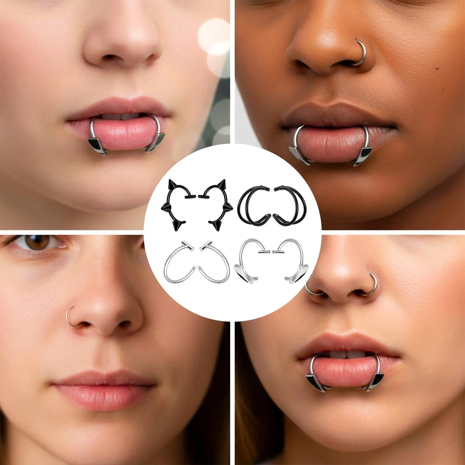 8pcs/Set Fake Lip Piercing Non Pierced Septum Ring Clip on Lip Rings Fake Snake Bite Non-Piercing Lips Cuff Double Earring Hoop