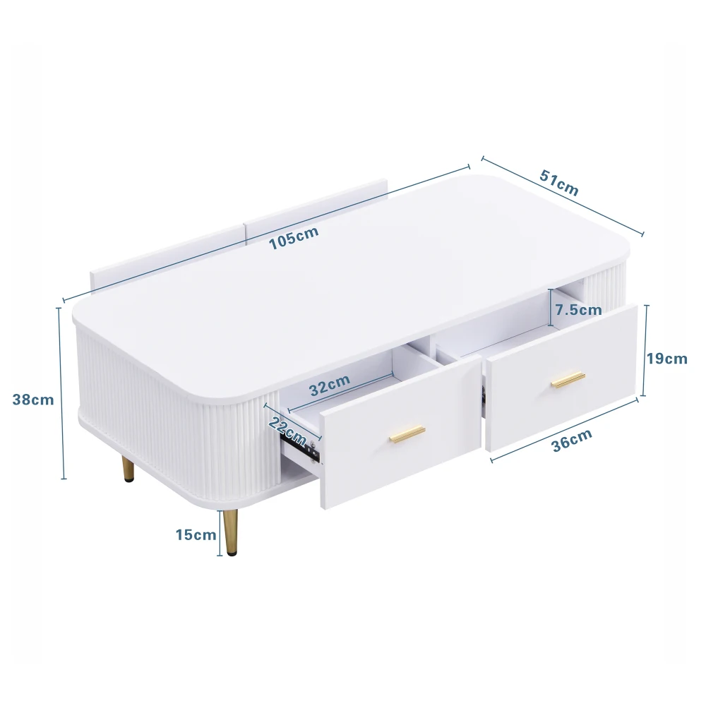 Gebogener Eck-Wohnzimmertisch, goldene Hardware, gewellte Seiten, Doppelfunktions-Couchtisch und Beistelltisch mit Schubladen – Detail 6