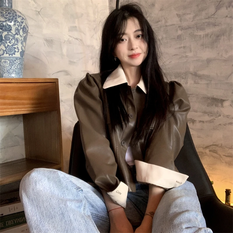 Coreano Sle ort Slim Fit Color Blo Pelle Jaet Sexy Fraance Sle Donna Faion Capispalla Cappotto lungo Sve