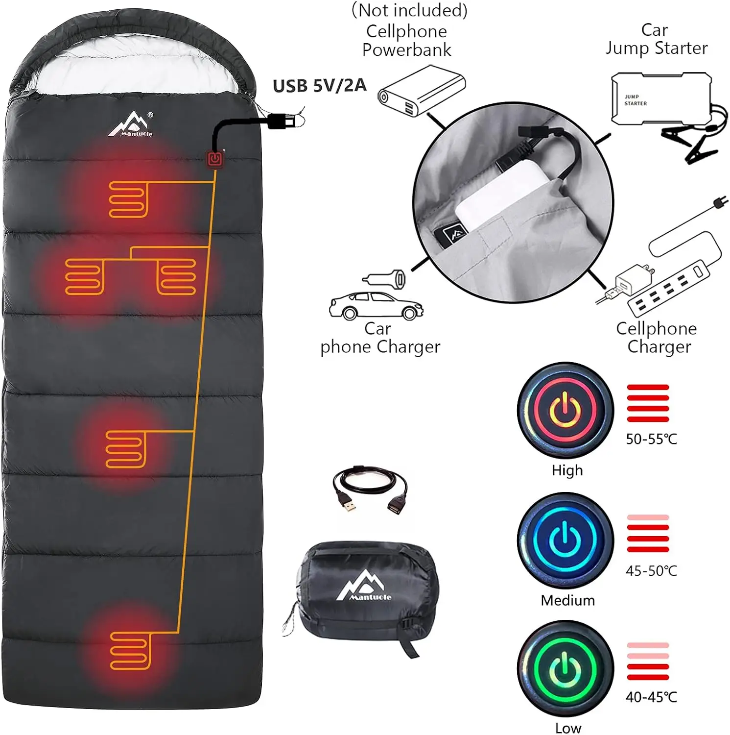 Heated Sleeping Bag - 5pcs Multi USB Power Support Heating Pads, Operated with Battery Power Bank or Other USB Supplies