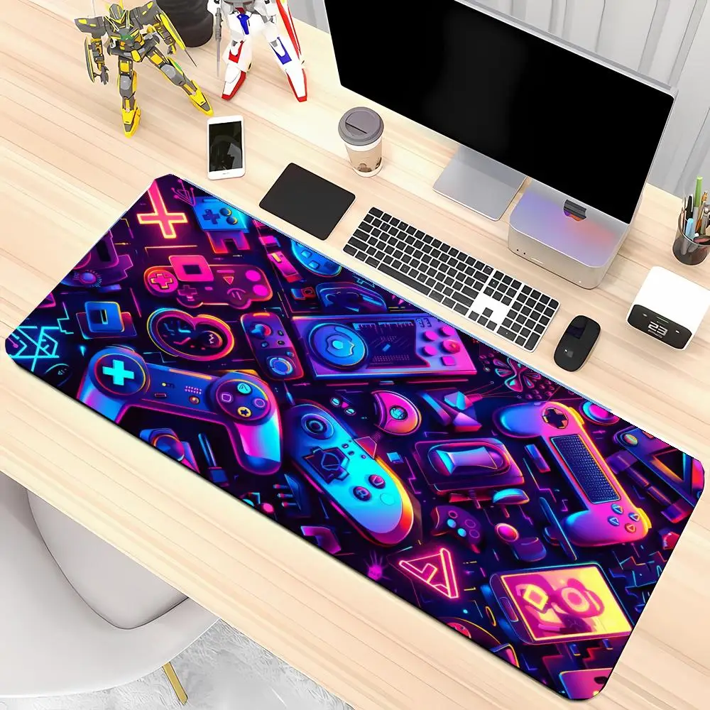 Neon Light Effect Game Controller Desk Mat Cyber E-sports Style Premium Bound Edge Large Size Anti-Slip Keyboard Pad