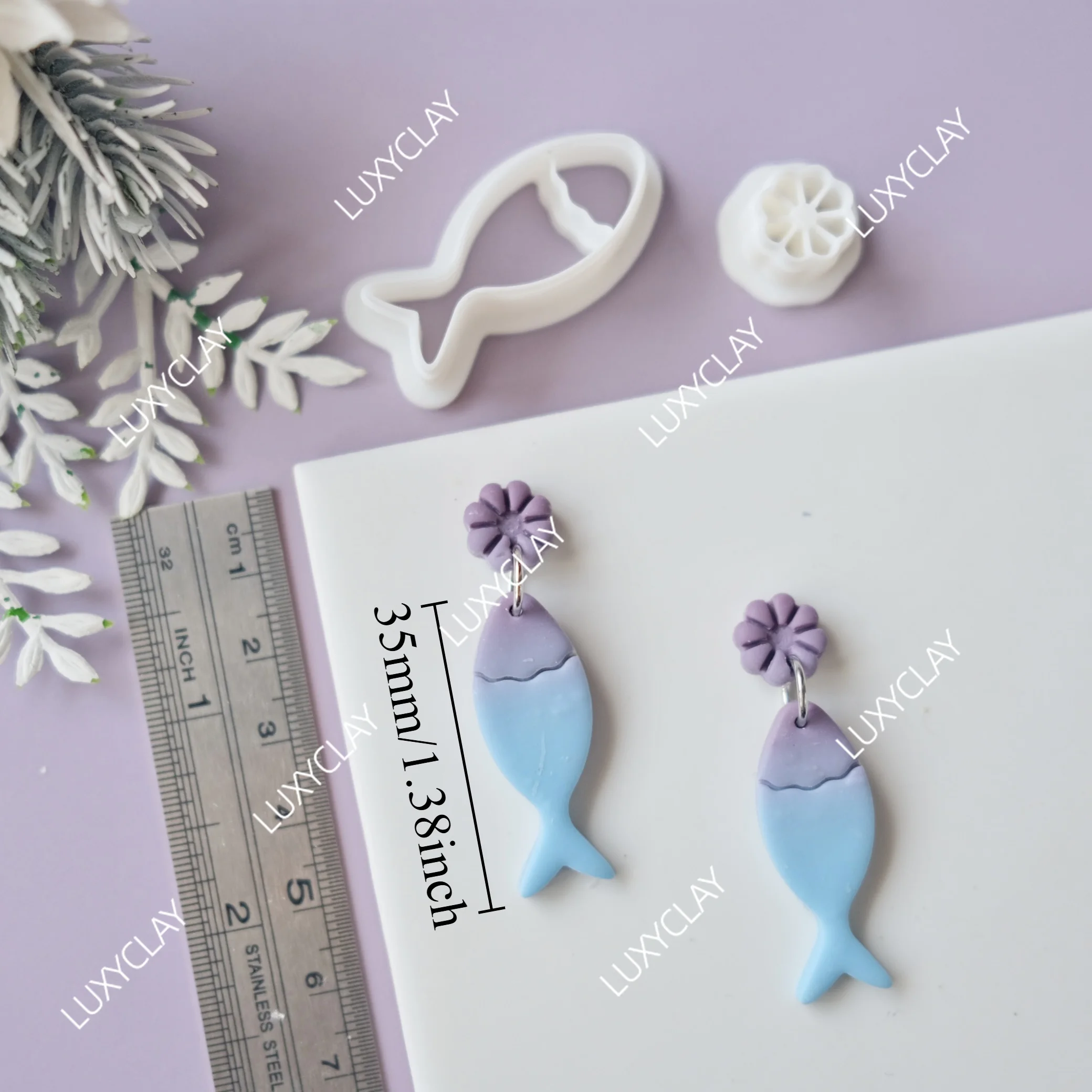 2pcs Fish & Flower Shape Polymer Clay Cutters for Earring & Jewelry Making, Abstract Fish Shape Clay Molds for Pendant Crafting