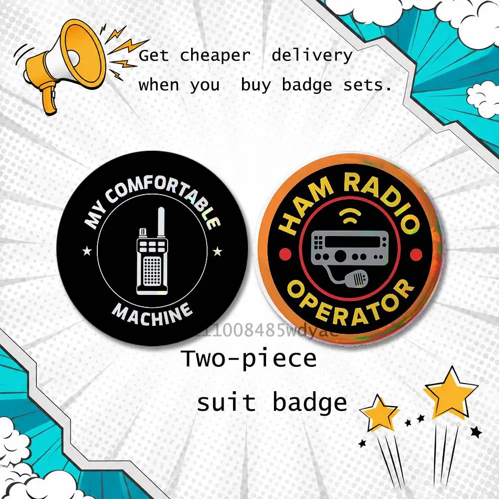Brooches for Backpack Accessories 25,32,44,58,75mm Round Enamel Pins 2-piece set Cartoon Anime Amateur Radio Badge Vintage view 5