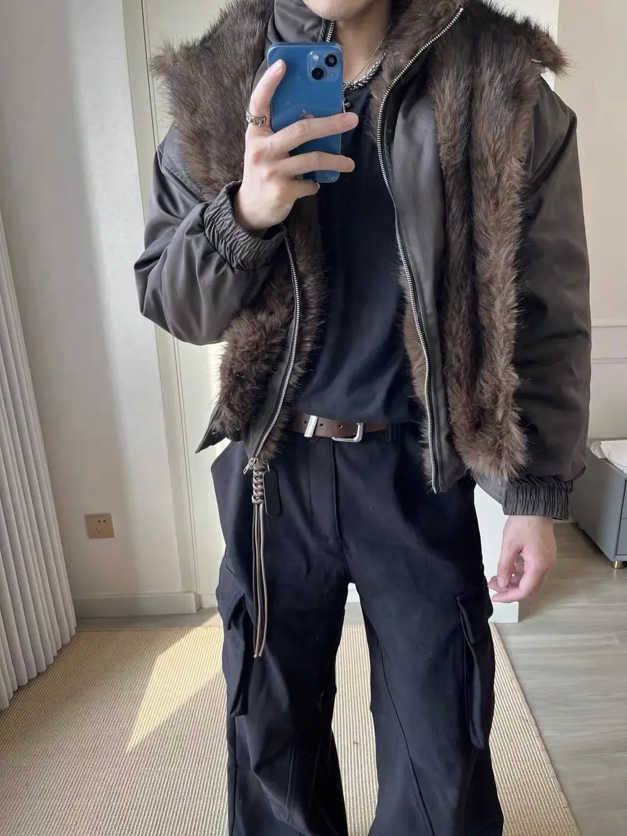 

Fur Collar Neck Jackets Mens Demi-Season Casual Streetwear Hip Y2K Downtown City Life Style Bar Entertainment Party Night Club