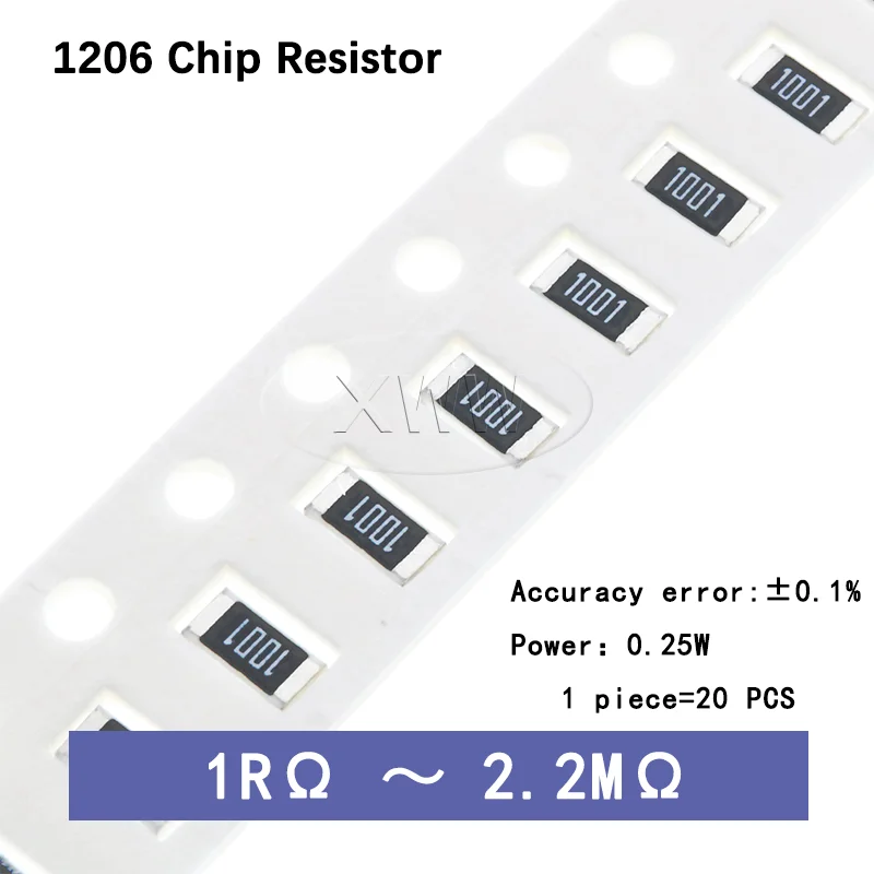 20Pcs 1206 SMD Thin Film Resistor 0.1% High Precision Low Temperature Drift TCR High Accuracy Chip Resistors 1R 1M10R4K7 1K 10K