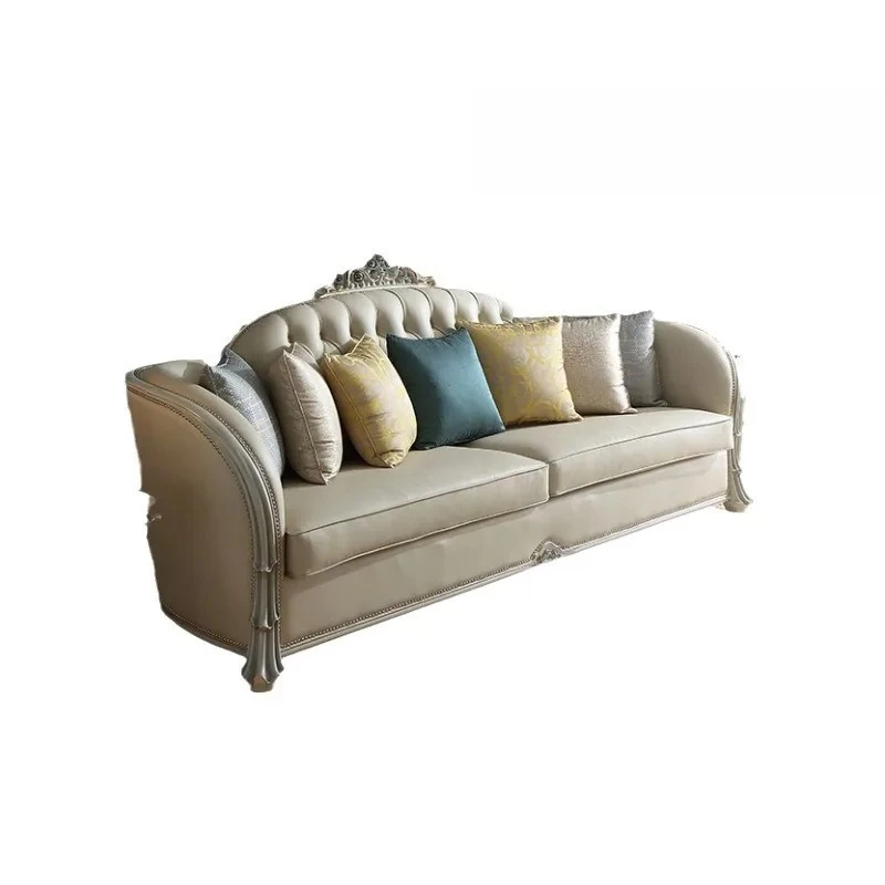 

French retro light luxury solid wood leather sofa European palace carved villa large flat living room